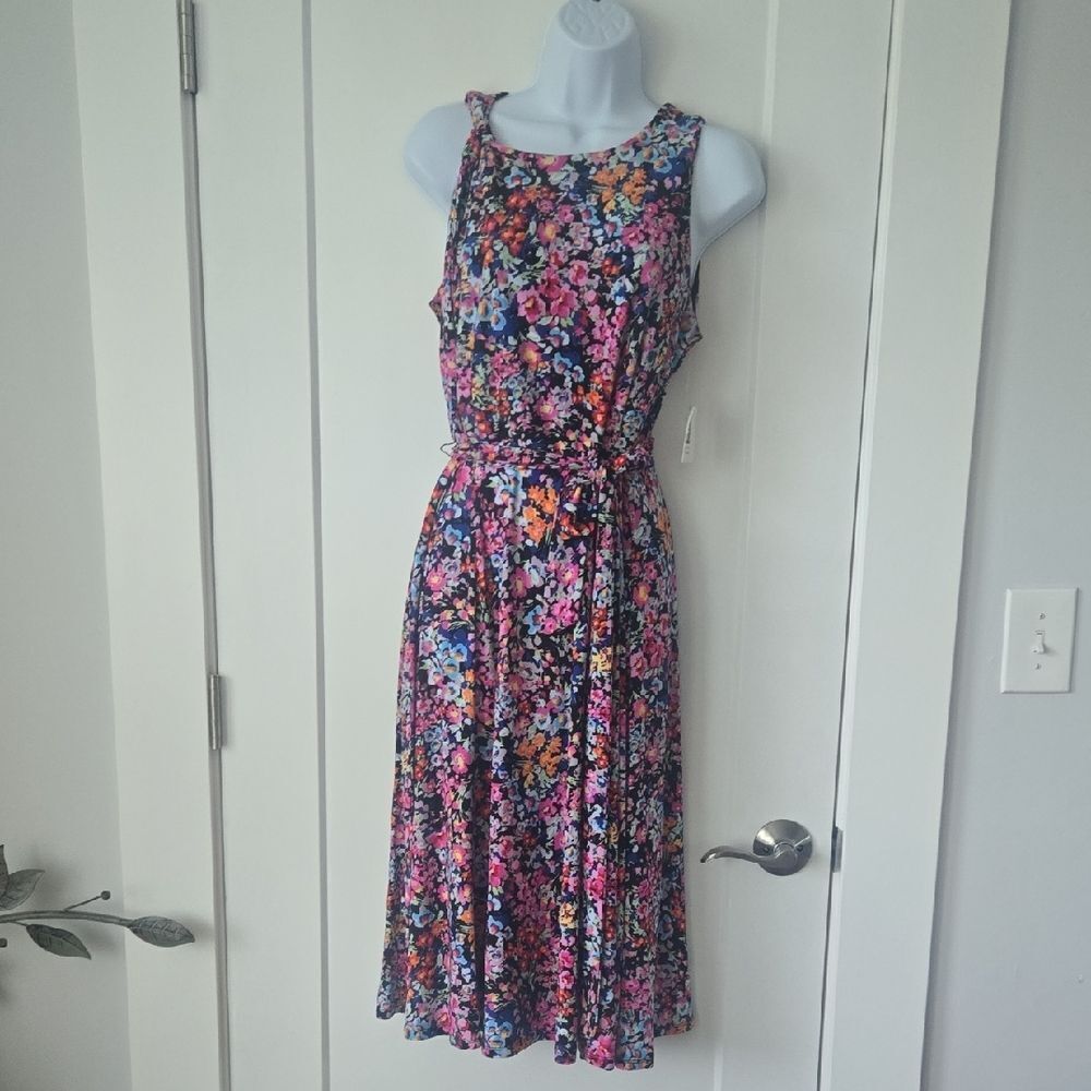Anne Klein Pink and Blue Pleated Tie Front Midi Sundress